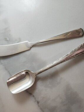 1950s Vintage Wm A Rogers Butter Knife and Kings Plate Sugar Spoon Silver Plate